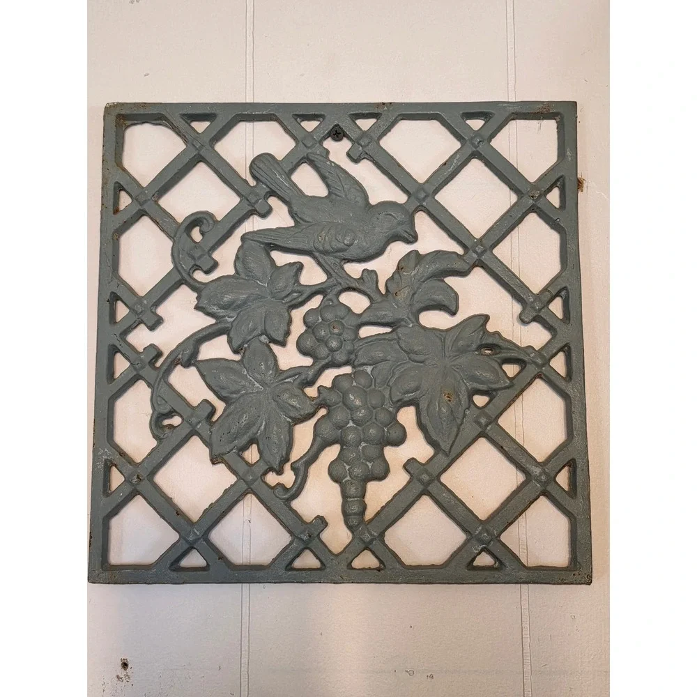 Vintage Cast Iron Bird and Grapes Lattice Wall Plaque Blue Grey Garden Decor
